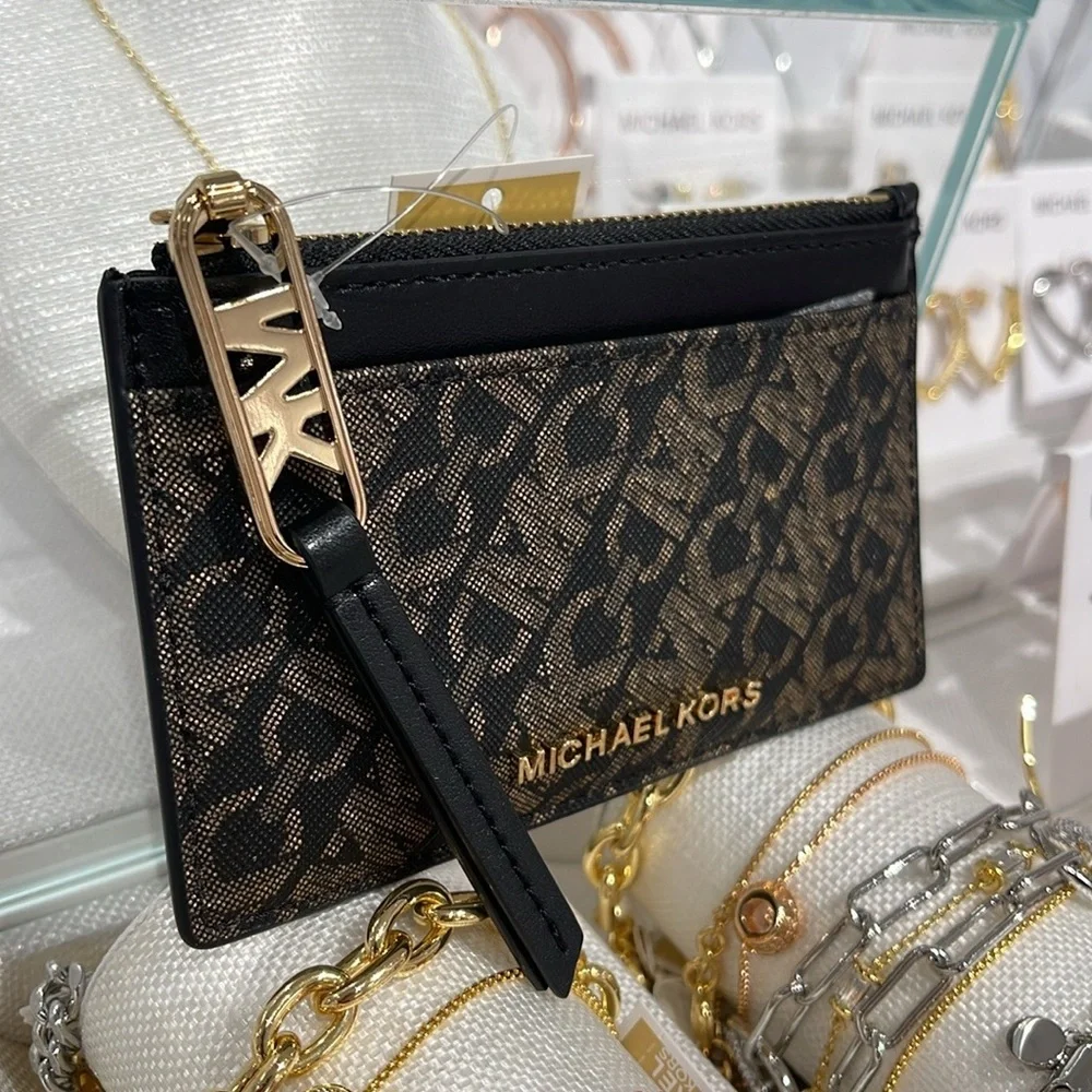 Michael Kors Empire Small Metallic Card Case COLOR BLACK/PALE GOLD NWT